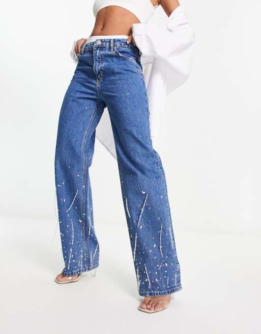 River Island high rise straight jean with crystal detail in blue, 2 of 4