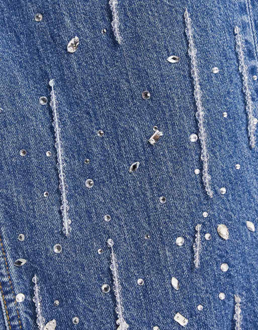 River Island high rise straight jean with crystal detail in blue, 4 of 4