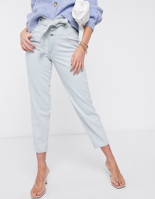 River Island high rise tapered belted jeans with western seam in light blue