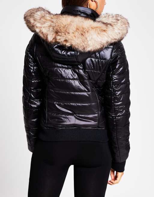 High shine coat with cheap fur hood