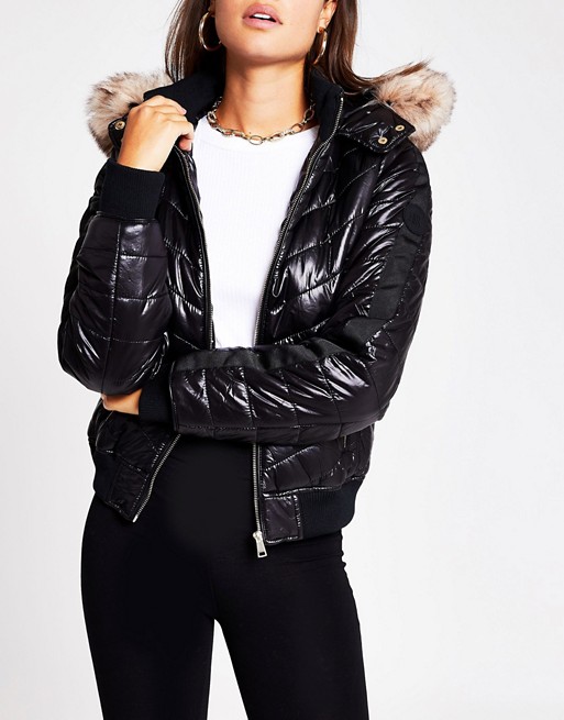 River Island high shine padded bomber with faux fur hood in black