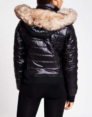 river island black high shine padded faux fur trim jacket