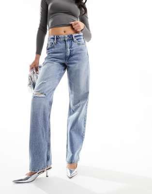 River Island high waist 90s straight leg jeans with rips in medium blue