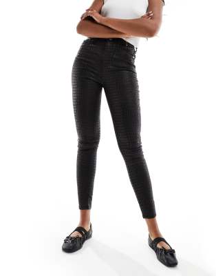 River Island High Waist Croc Effect Coated Jeans In Black