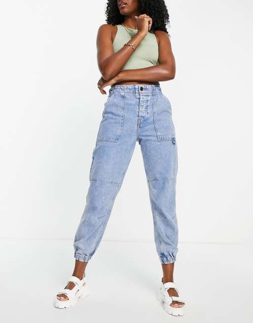 River Island high waist cuffed cargo jean in light blue