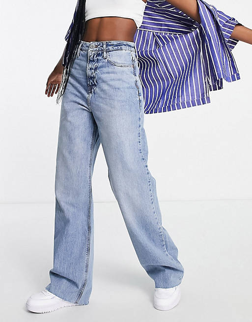 Women River Island high waist loose wide leg jeans in medium denim 