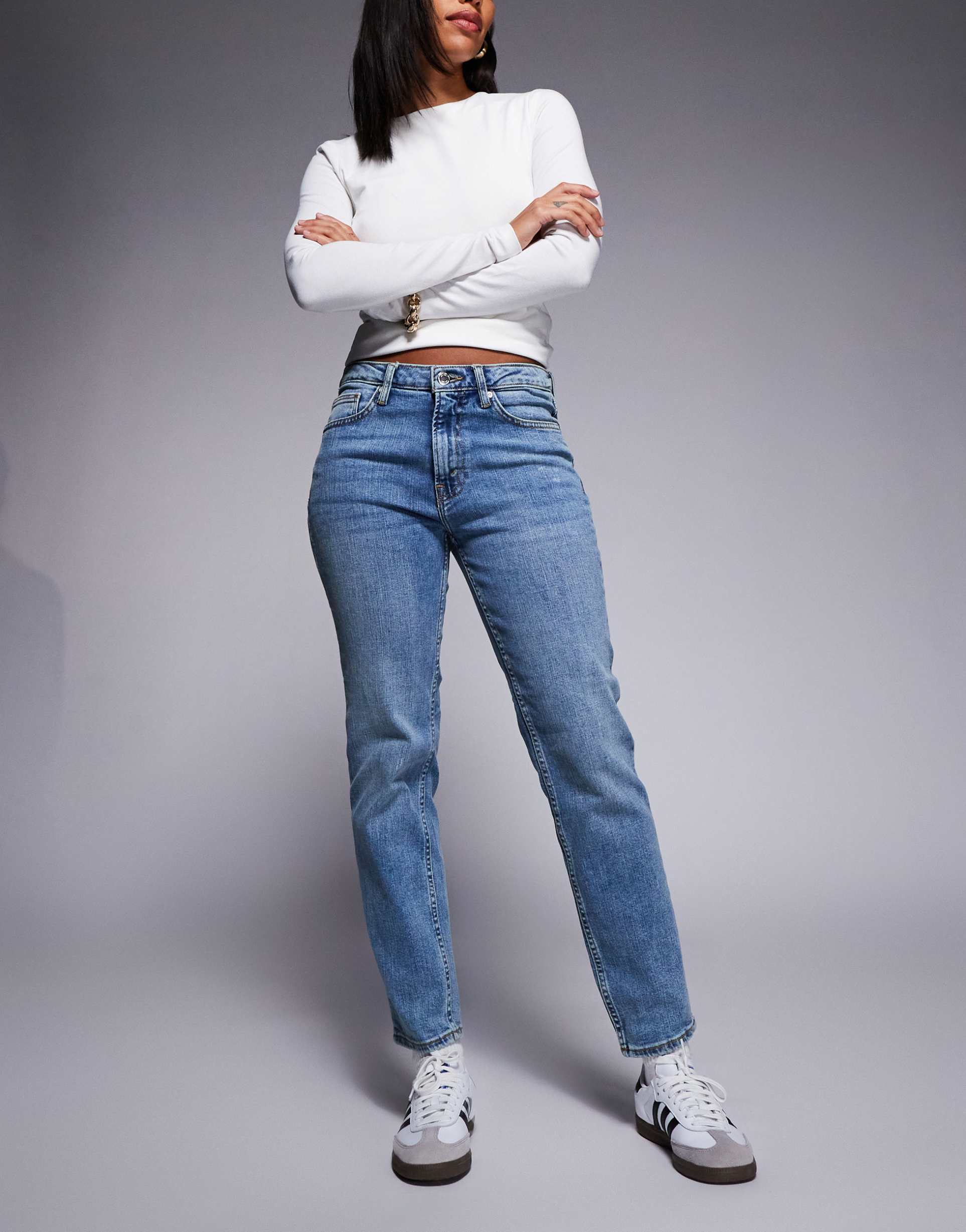 river island high waist slim jeans in medium denim