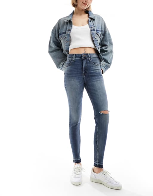 River Island High waist super skinny ripped jeans in denim - dark