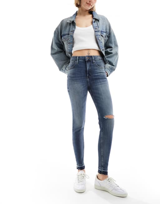 River Island High waist super skinny ripped jeans in denim - dark | ASOS