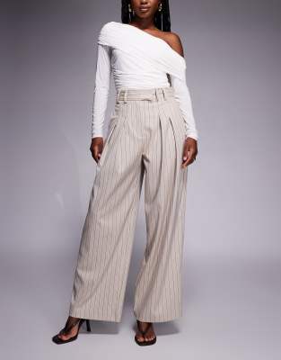 River Island High Waist Wide Leg Tailored Pants In Neutral