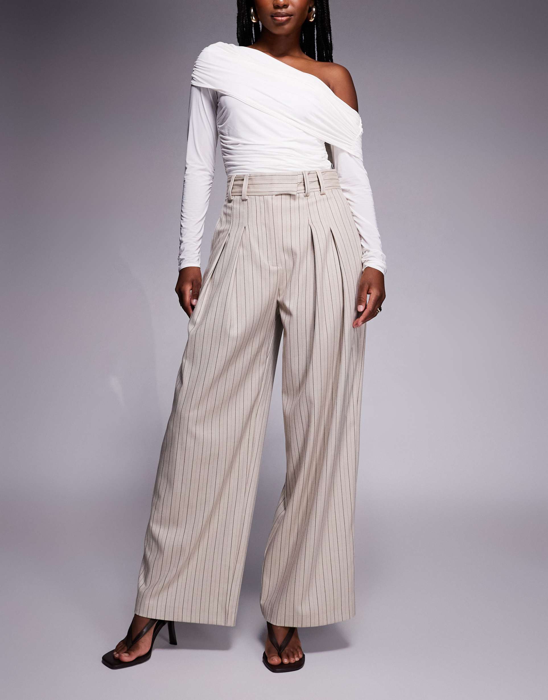 river island high waist wide leg tailored pants in beige stripe
