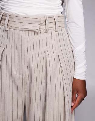 River Island High Waist Wide Leg Tailored Pants In Neutral