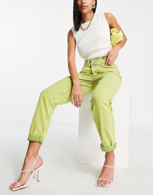 River Island high waisted acid wash mom jeans in bright green - ASOS Price Checker