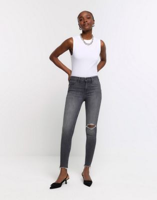 River Island High waisted bum sculpt ripped jeggings in grey - ASOS Price Checker