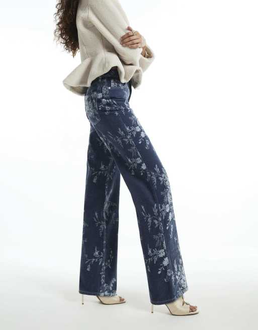 River Island High waisted floral straight leg jeans in denim - dark, 3 of 4