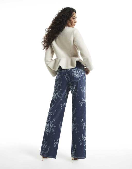 River Island High waisted floral straight leg jeans in denim - dark, 4 of 4
