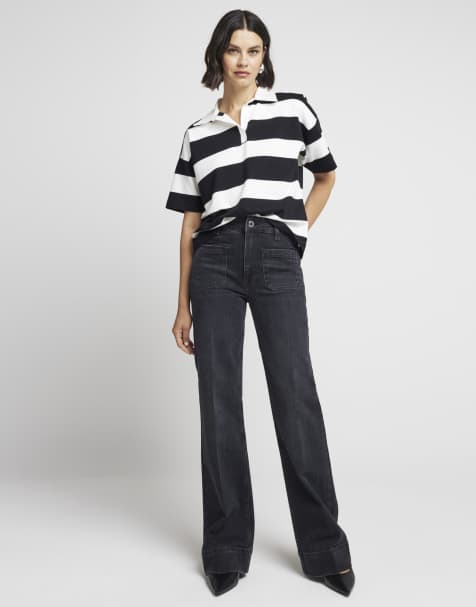 River Island High waisted pocket wide leg jeans in black - view 1