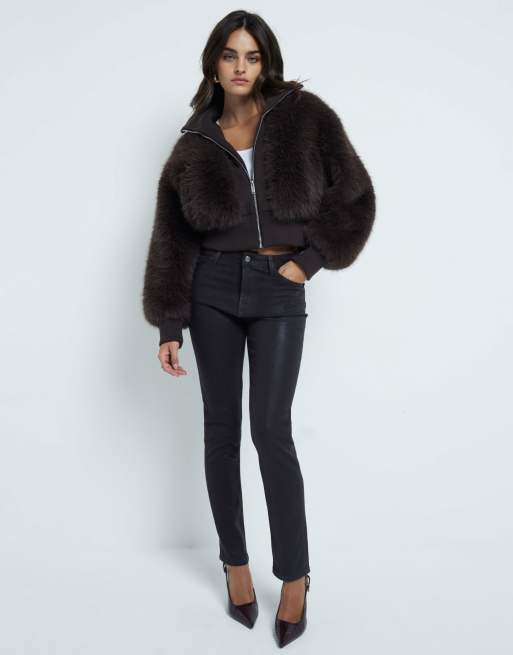 River Island High waisted slim straight jeans in brown - dark
