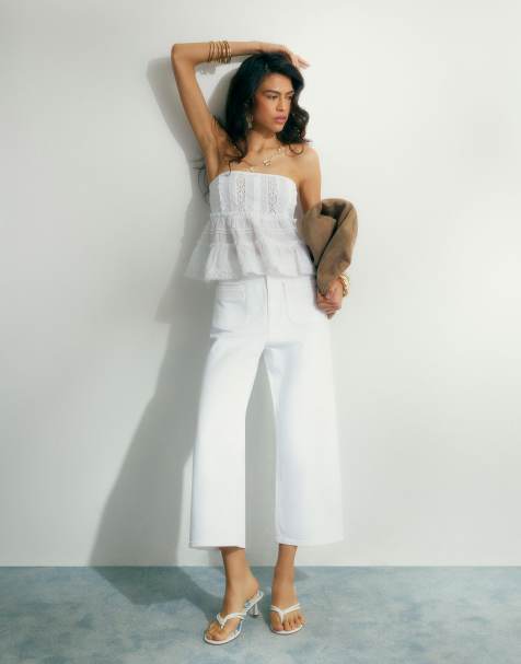 River Island High waisted wide leg cropped jeans in white - view 1