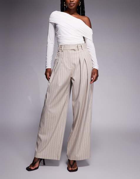 River Island high waisted wide leg tailored pants in beige stripe - view 1