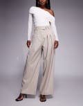 [River Island] River Island high waisted wide leg tailored pants in beige stripe-Neutral 14 BEIGE