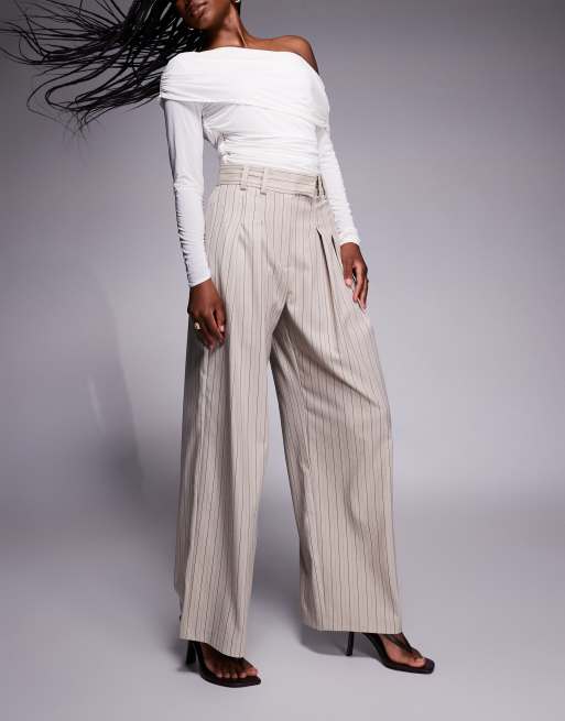 River Island high waisted wide leg tailored pants in beige stripe, 3 of 5