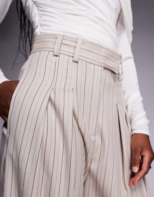 River Island high waisted wide leg tailored pants in beige stripe, 4 of 5