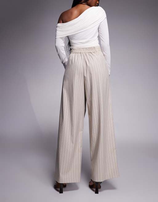 River Island high waisted wide leg tailored pants in beige stripe, 5 of 5