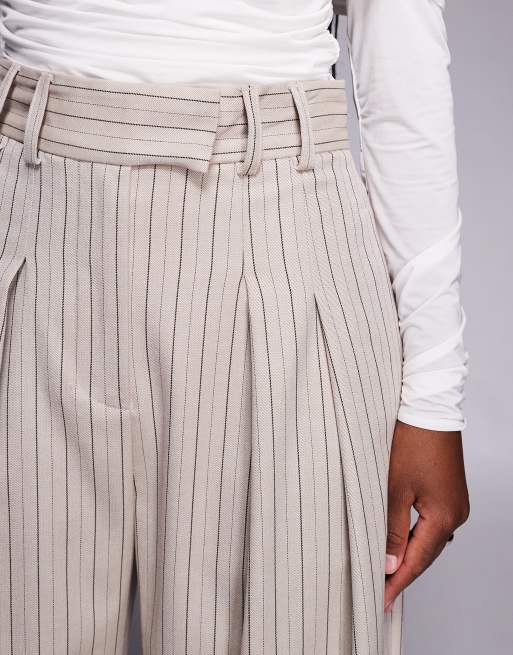 River Island high waisted wide leg tailored trousers in beige stripe, 2 of 5