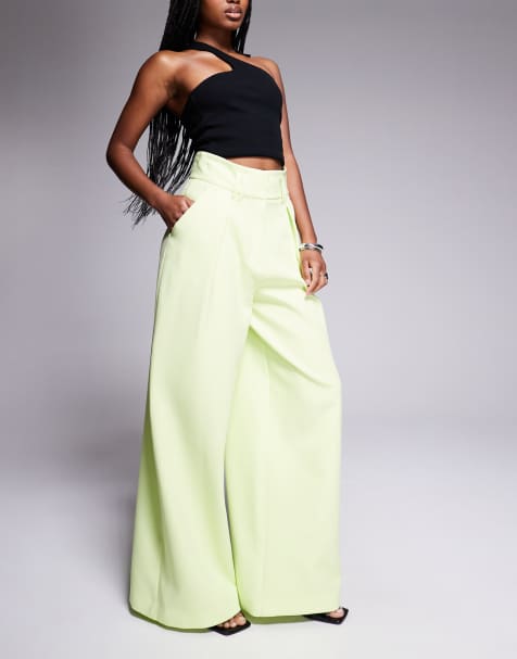 River island high waisted wide leg trousers in lime  - view 1