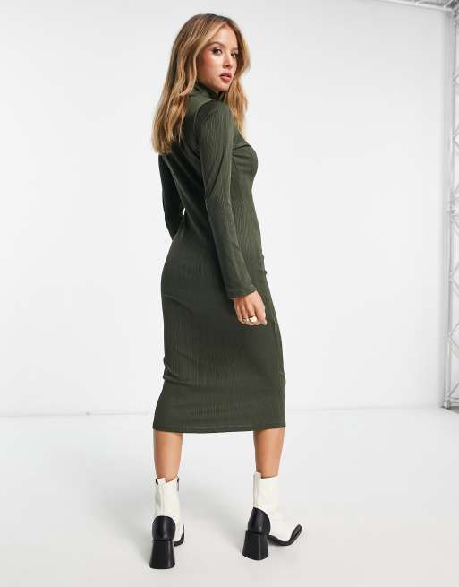 River Island - Højhalset og ribstrikket midikjole i kakigrøn, 4 af 4