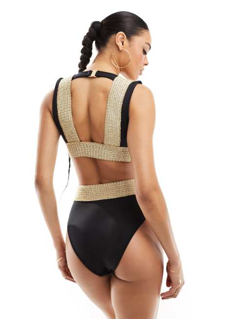 River Island - Højtaljede bikinitrusser med elastik og spændedetalje i sort, 3 af 4
