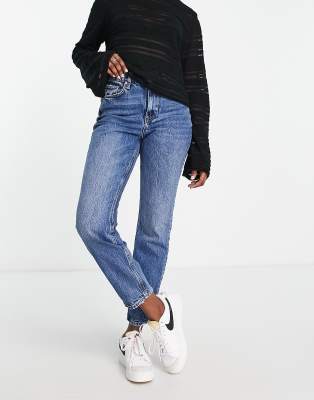 River Island - Hoch geschnittene Jeans mit geradem Bein in Mittelblau