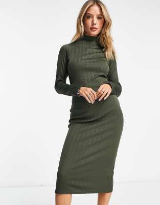 River Island - Hochgeschlossenes, geripptes Midikleid in Khaki-Grün