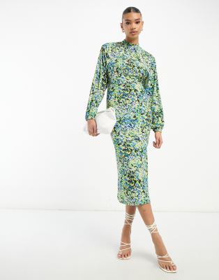 River Island - Hochgeschlossenes Midikleid mit Puffärmeln und blauem Blumenmuster