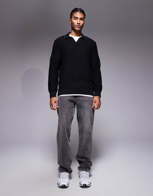 River Island honeycomb textured open collar jumper in black, 2 of 5