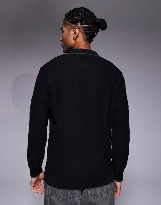 River Island honeycomb textured open collar jumper in black, 3 of 5