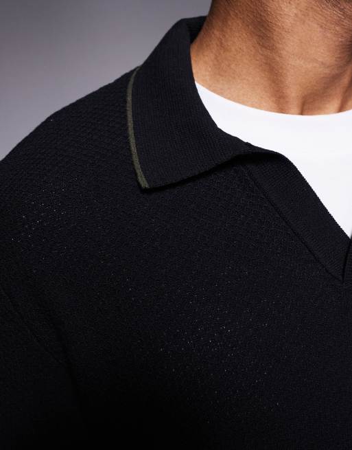 River Island honeycomb textured open collar jumper in black ASOS
