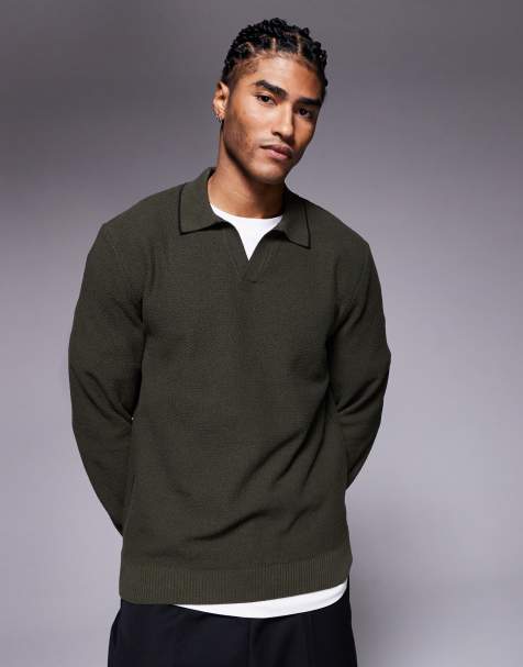 River Island honeycomb textured open collar jumper in khaki