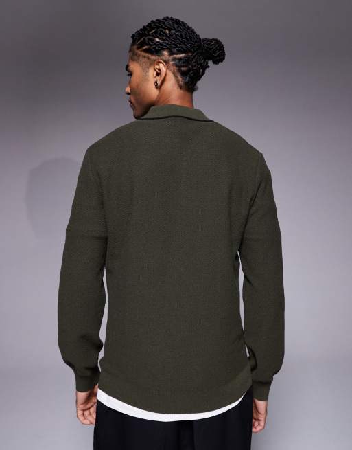 River Island honeycomb textured open collar jumper in khaki, 3 of 5
