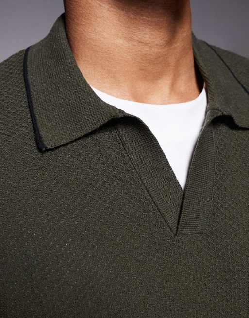 River Island honeycomb textured open collar jumper in khaki, 5 of 5