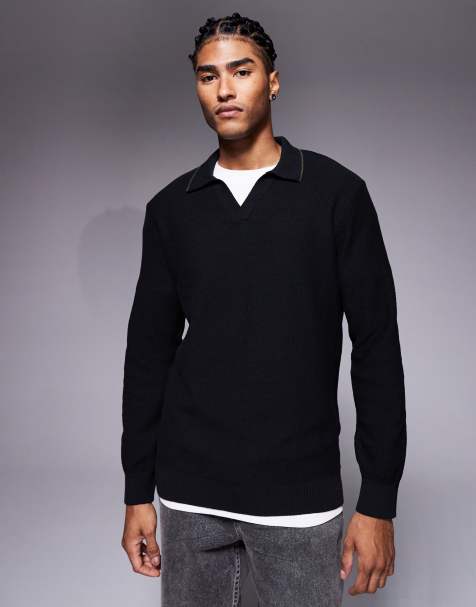 River Island honeycomb textured open collar sweater in black - view 1