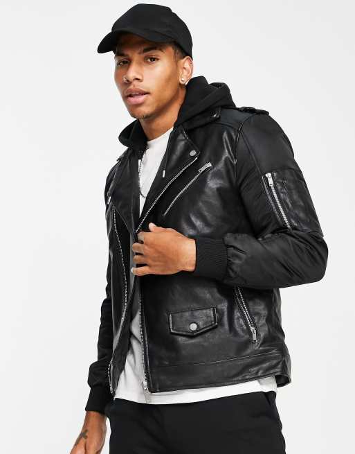 River island faux leather biker hot sale jacket with hood in black