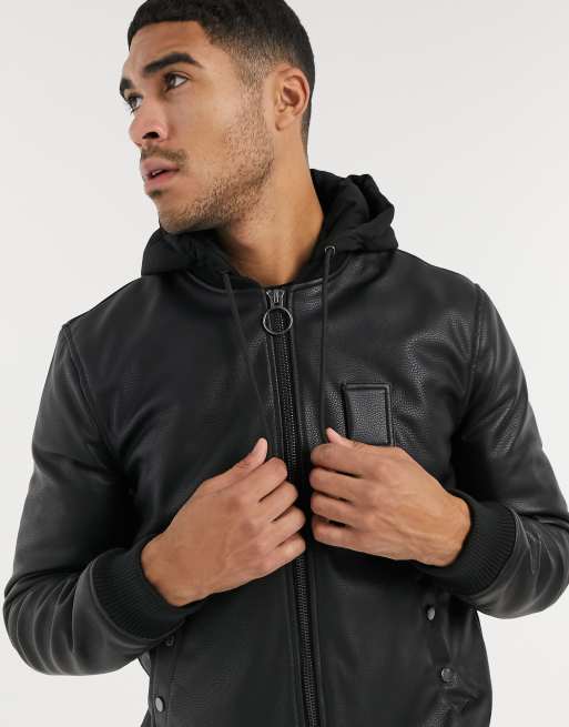 River Island hooded bomber in black PU