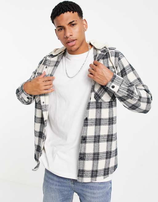 River Island hooded check overshirt in black & ecru