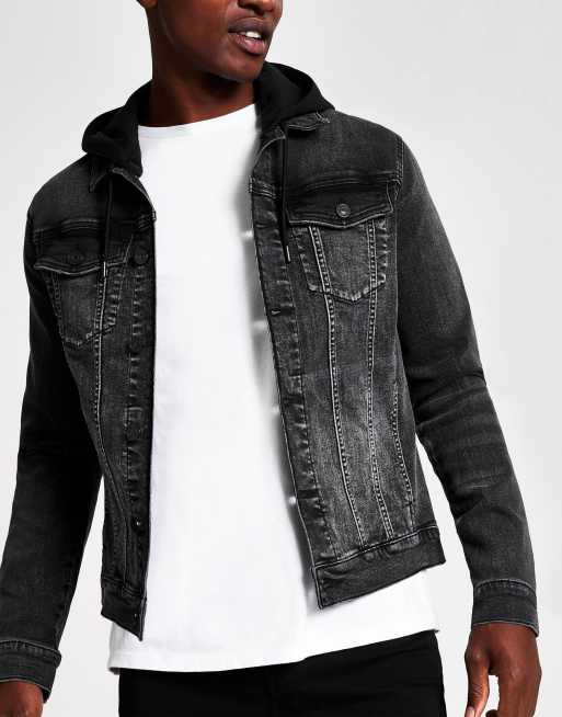 River Island hooded denim jacket in black ASOS