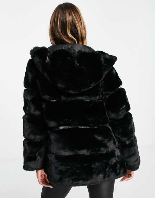 River Island belted faux fur short jacket in black