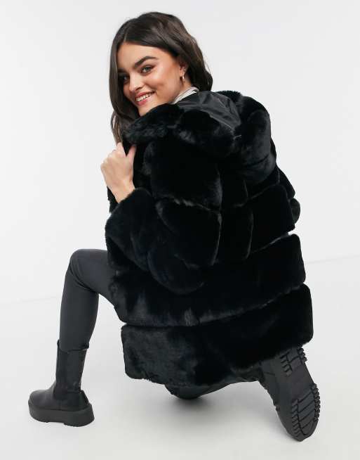 River Island hooded faux fur coat in black