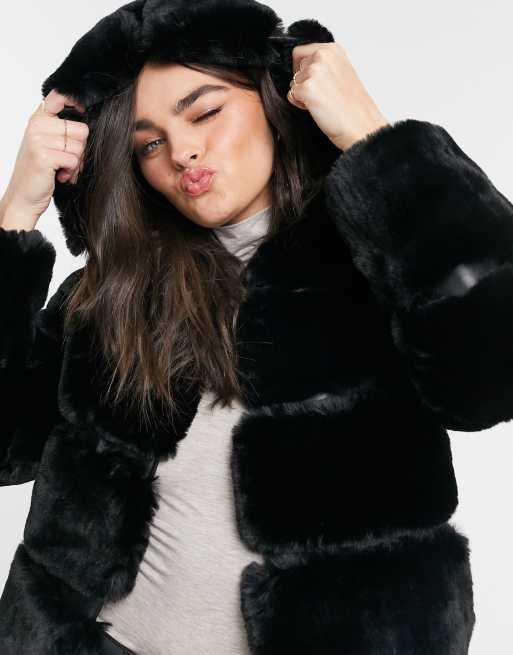 Black panelled hooded faux fur coat new arrivals