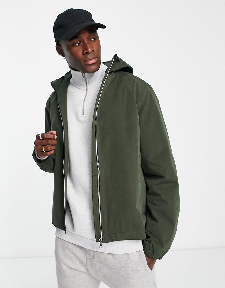 River Island hooded short parka jacket in dark khaki-Green